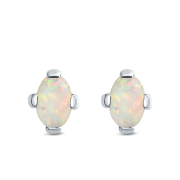 Solitaire Oval Stud Earrings Lab Created White Opal 925 Sterling Silver (9mm)